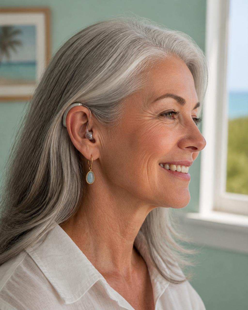 Woman wearing a modern behind-the-ear hearing aid, smiling in soft window light